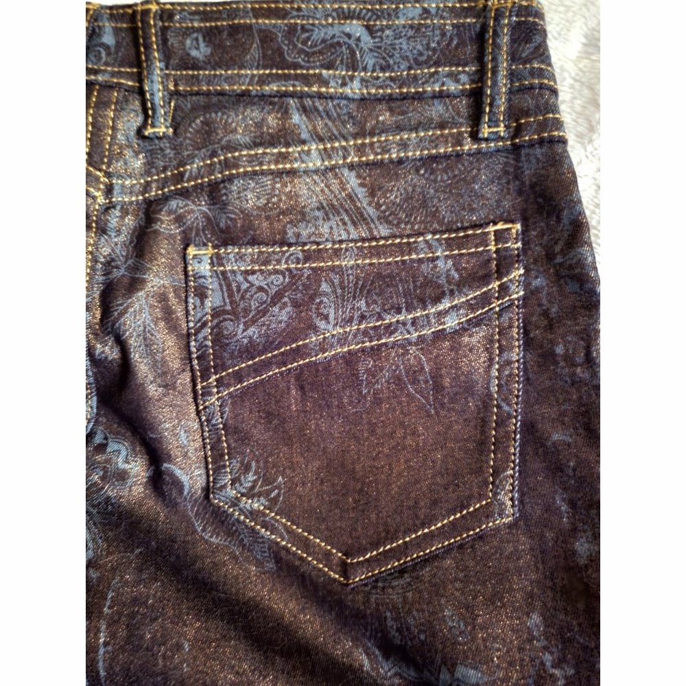 NWOT Cache gold glitter metallic blue paisley jeans 15" across waist - Picture 6 of 10